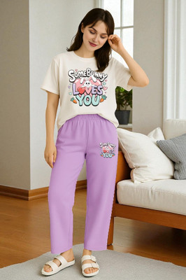 Elvia Women Printed Purple Top & Pyjama Set