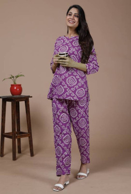 Soor Panchi Women Embellished Purple, White Night Suit Set