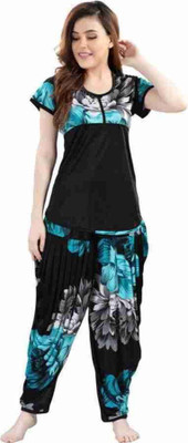 HouseOfCommon Women Self Design, Printed Black Top & Pyjama Set