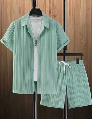UGAMCREATIONS Men Self Design Light Green Night Suit Set