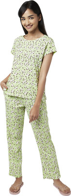 YU by Pantaloons Girls Floral Print Green Top & Pyjama Set