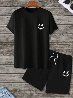BLACKSHAMA Men Solid Black Top & Shorts Set
