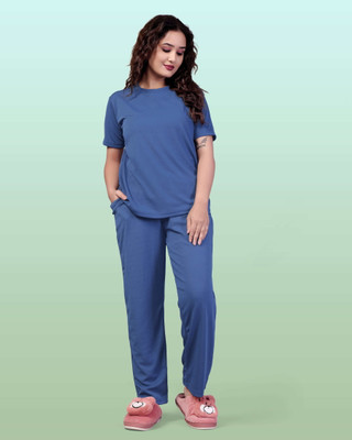 BHULAX Women Solid Blue Top & Pyjama Set