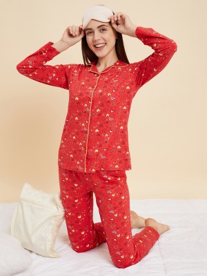 SWEET DREAMS Women Printed Red Shirt & Pyjama set