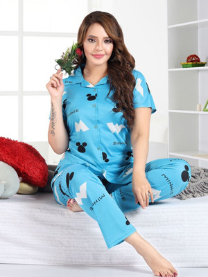 Qunity Women Printed Blue Night Suit Set