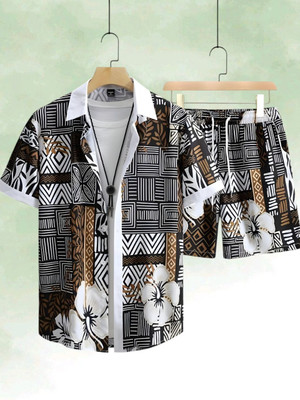 SEVENTEENSTITCH Men Printed White Top & Shorts Set