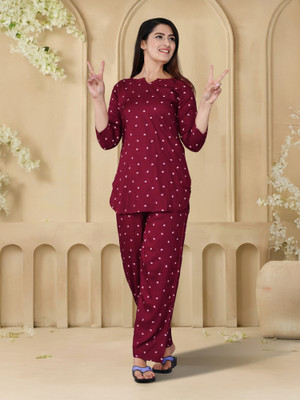 DreamBe Women Printed Maroon Top & Pyjama Set