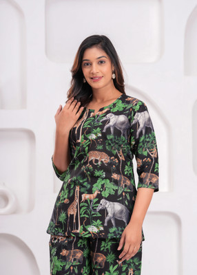 HouseOfCommon Women Floral Print Green Night Suit Set