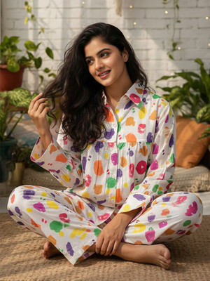 ZEYO Women Abstract White Night Suit Set