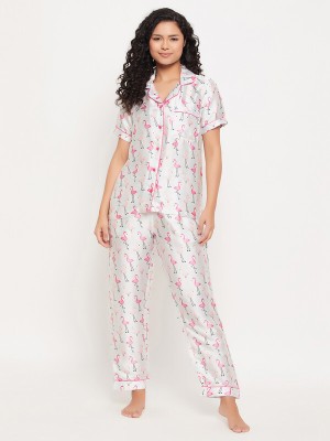 Clovia Women Geometric Print White Shirt & Pyjama set