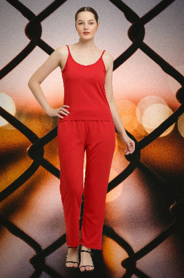 CANIDAE Women Solid Red Top & Pyjama Set