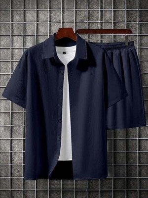 ugam traders Men Solid Dark Blue Top & Shorts Set