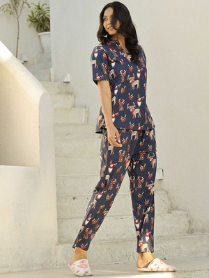 Deshopever Women Printed Blue Top & Pyjama Set
