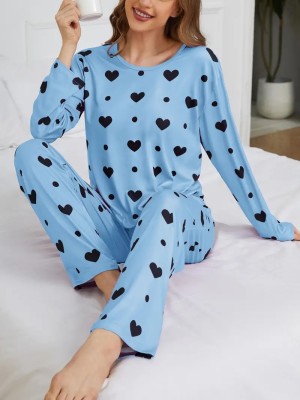 PHALIN Women Printed Light Blue, Black Top & Pyjama Set