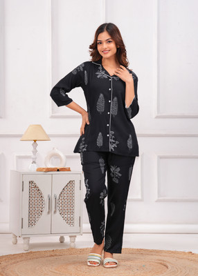 SUGANDH FEBRIC Women Printed Black Shirt & Pyjama set