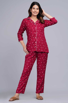 Sangam creation Women Polka Print Maroon Shirt & Pyjama set