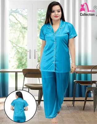 Ansh Collection Women Solid Blue Night Suit Set