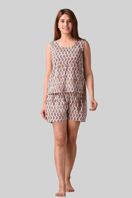 Kannahi Women Floral Print White, Brown Top & Shorts Set