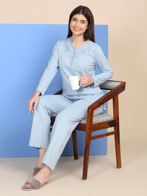 SWEET DREAMS Women Solid Blue Top & Pyjama Set
