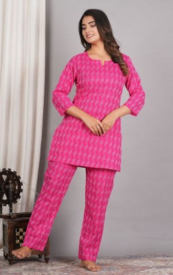 DHANOTA Women Printed Pink Night Suit Set