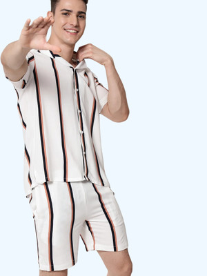 ALVIN ENTERPRISE Men Striped White Night Suit Set