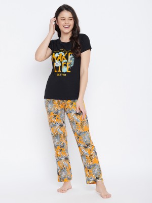 Clovia Women Graphic Print Yellow Top & Pyjama Set
