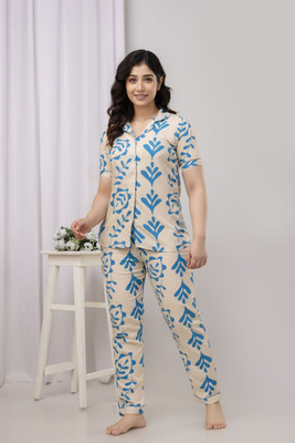 UrbanRang Women Printed Beige Night Suit Set