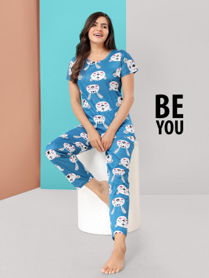 Trade Zone Women Printed Blue Top & Pyjama Set