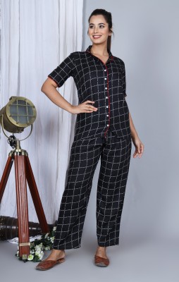 GREYSHADE Women Checkered Black Shirt & Pyjama set