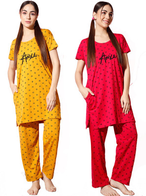 Fit N Fame Women Printed Yellow, Red Shirt & Pyjama set