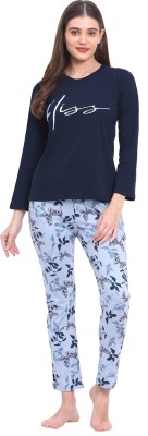 Evian Women Floral Print Dark Blue Top & Pyjama Set