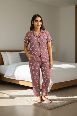 Artful Women Printed Maroon Night Suit Set