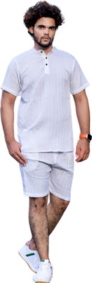 HIRPARA Men Self Design White Night Suit Set