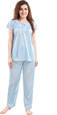 Romaisa Women Solid Blue Top & Pyjama Set