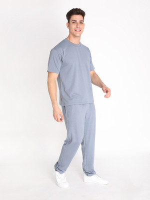 CHKOKKO Men Solid Grey Top & Pyjama Set