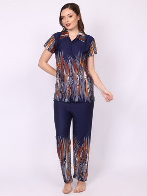Nightify Women Floral Print Dark Blue Shirt & Pyjama set