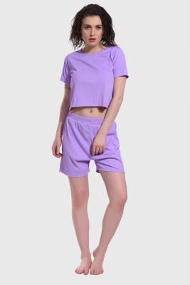 Funahme Women Solid Purple Top & Shorts Set