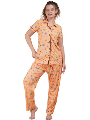 SPLORR Women Printed Orange Top & Pyjama Set