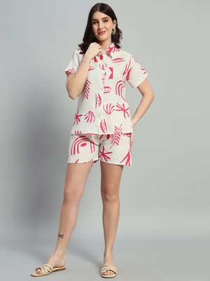 ROSEMELON Women Printed Pink, White Top & Shorts Set
