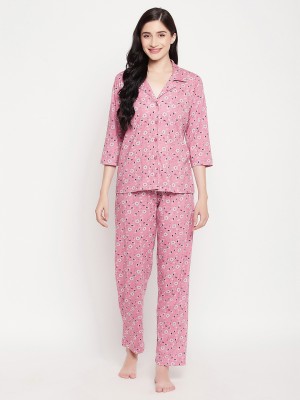 Clovia Women Printed Pink Shirt & Pyjama set