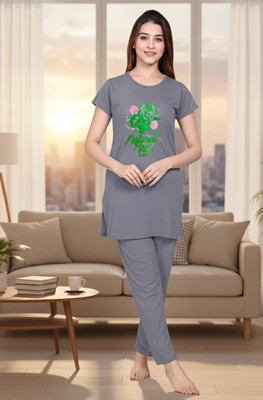 urban trees Women Printed Dark Blue Top & Pyjama Set