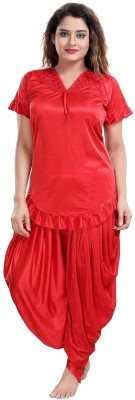 ND Night Desire Women Solid, Self Design Red Top & Pyjama Set