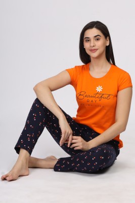 SHINX Women Printed Orange, Dark Blue Top & Pyjama Set