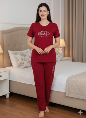 AWIBE Women Printed Maroon Night Suit Set