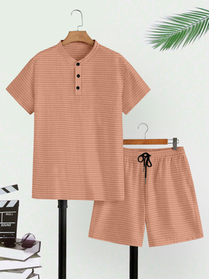 M7 By Metronaut Men Self Design Orange Night Suit Set