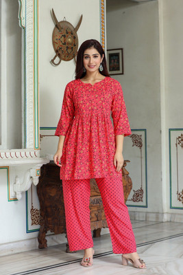 Nazarana Women Printed Red Night Suit Set