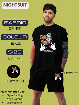 Chrome & Coral Men Graphic Print Black Night Suit Set