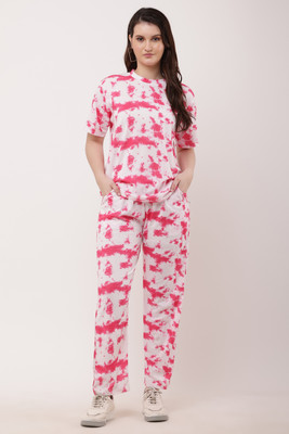 Rhenowear Women Ombre/Dyed Pink, White Top & Pyjama Set