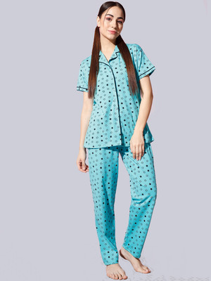 Trendy World Women Printed Light Blue Shirt & Pyjama set