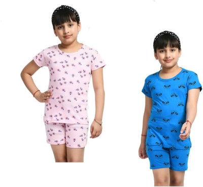 IndiWeaves Girls Printed Blue, Pink Night Suit Set